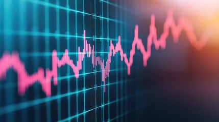 A close-up of a digital graph displaying fluctuating data trends in vibrant pink against a blue grid background, suggesting analysis or monitoring.