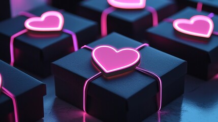 Packaging design featuring vibrant neon heart stickers on matte black gift boxes, glowing softly under pink ambient lighting for a modern romantic vibe