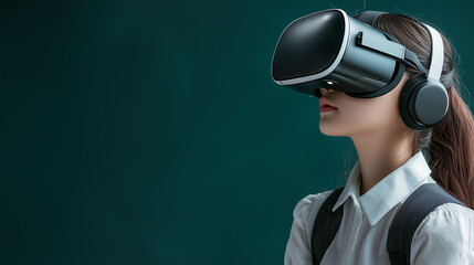 Girl using VR glasses for education. AI-powered virtual tutor guiding a young learner through an interactive lesson.