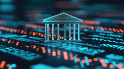 A digital representation of a bank building overlaid on a circuit board, symbolizing the intersection of finance and technology.