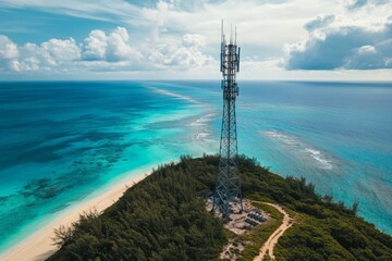 Obraz premium High-altitude drone capturing a 5G tower installation on a remote island with turquoise waters and beaches