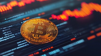 A golden Bitcoin sits prominently on a digital graph background, representing cryptocurrency trading and market fluctuations.