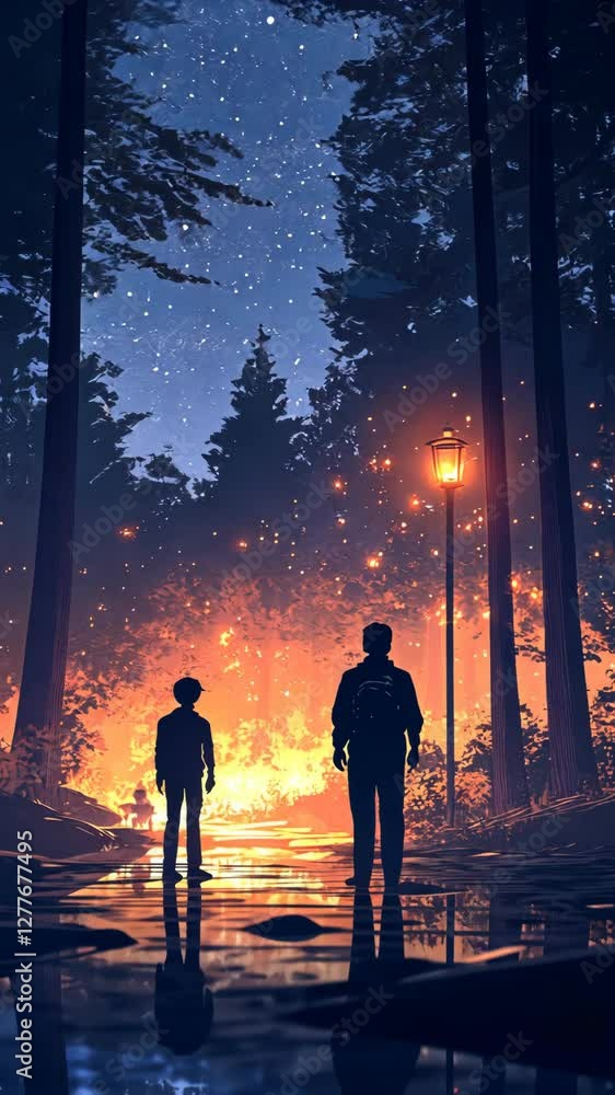 Poster two figures stand in a forest illuminated by glowing embers and surrounded by towering trees under a