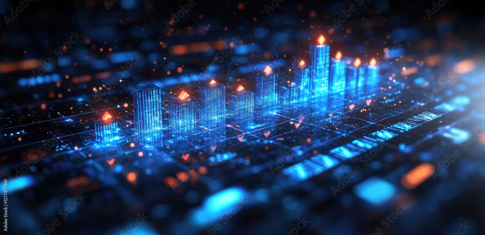 Poster vibrant blue digital bar chart with rising arrows and glowing elements, representing growth and data