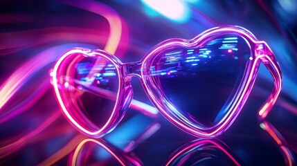 Psychedelic style heart shaped glasses emitting colorful neon light trails, swirling background, bold vibrant palette