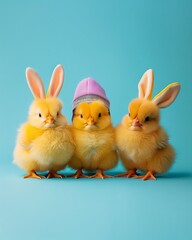 Three adorable yellow chicks with pink mini hats and bunny ears.