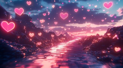 Reel featuring neon hearts floating through a dreamy cyber landscape, glowing holographic effects, sci fi romantic atmosphere