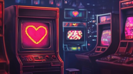 Retro arcade scene featuring neon heart merch, pixelated background, vintage gaming aesthetic, warm neon hues