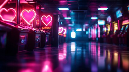 Fototapeta premium Retro style arcade with neon heart shaped signs, pink and red glow, vibrant reflections on the floor