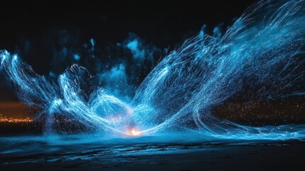 A mesmerizing display of blue sparks and light trails, capturing the essence of creativity and energy in a captivating night scene.