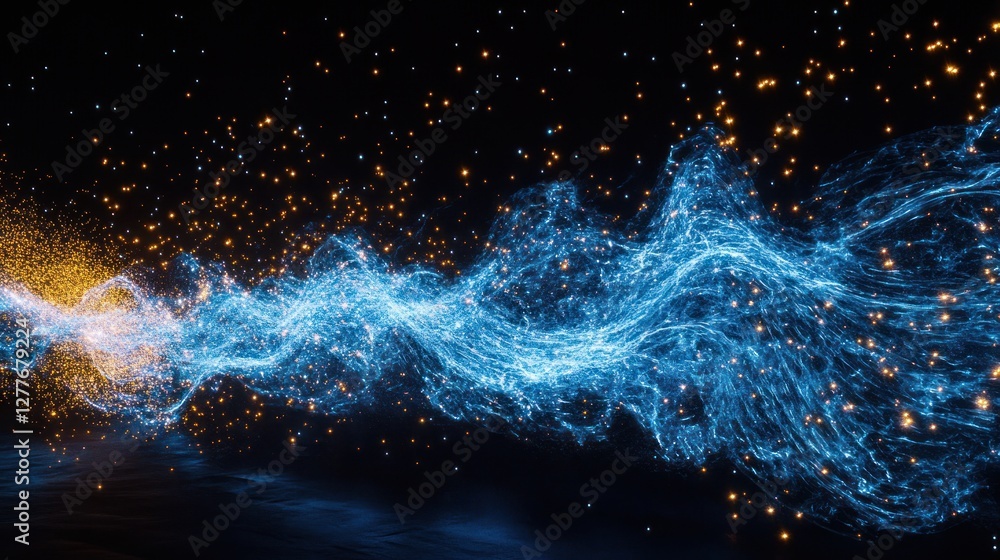 Poster a mesmerizing flow of blue light waves intertwined with sparkling particles against a dark backdrop,