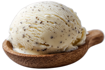 A scoop of vanilla ice cream with chocolate flecks in a wooden spoon.