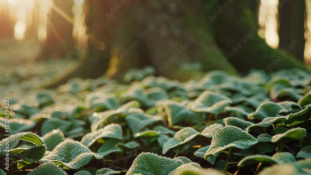 Poster close-up of dewy leaves beneath a tree trunk with sunlight filtering through forest. nature's tranqu
