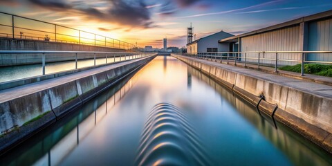 Fototapeta premium Serene Sunset Over Industrial Waterway with Concrete Channels and Gentle Water Ripple Reflections