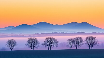 Naklejka premium Misty sunrise over silhouetted trees and layered mountains.