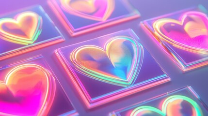 Naklejka premium Set of vibrant Valentines cards featuring UV reactive neon heart designs, glowing under soft purple and pink ambient lighting