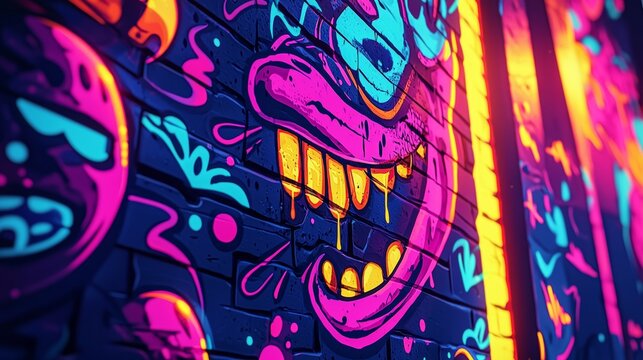 Sleek neon street style backdrop with graffiti inspired designs and vivid pinks, blues, and yellows, ideal for trendy selfies