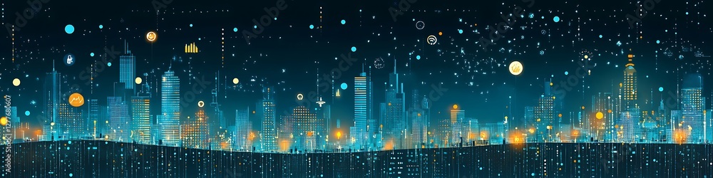Poster futuristic cityscape illuminated with digital data streams