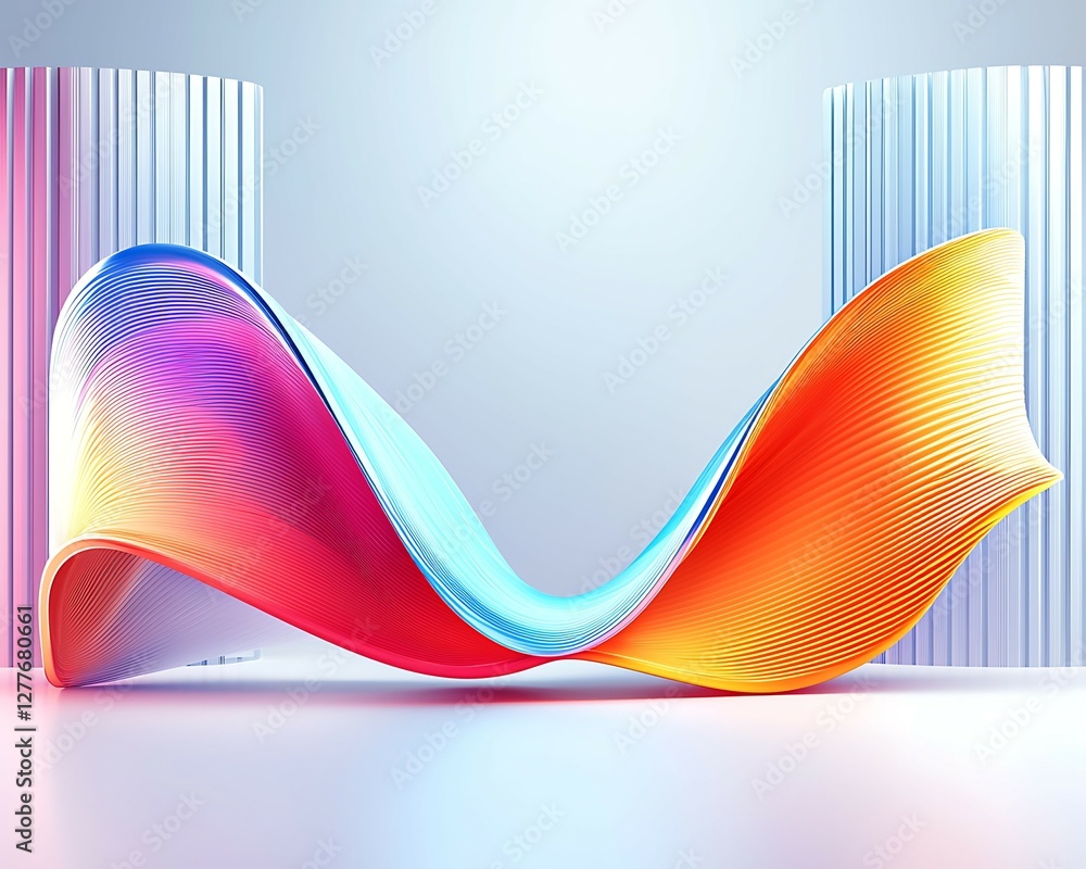 Poster a vibrant, abstract wave sculpture with gradient colors, set against a minimalist background, sugges