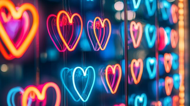 Social media carousel with each slide featuring a unique glowing neon heart design and a promotional message