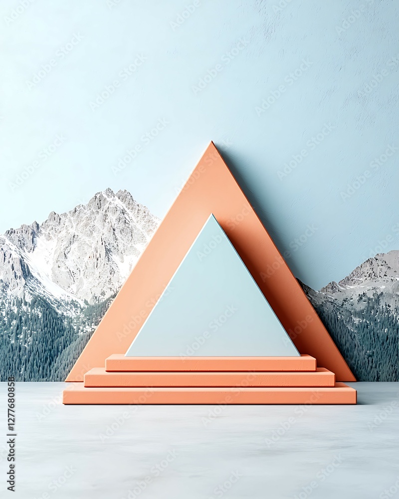 Aufkleber abstract composition featuring geometric shapes in pastel colors against a serene mountain backdrop.