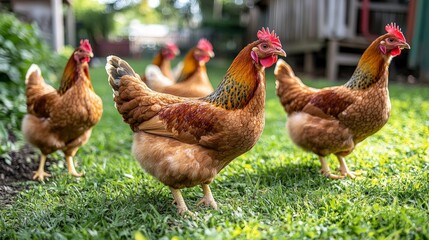 Fototapeta premium Free Range Chickens on Farm Hens in Grass Poultry Farming Rural Scene