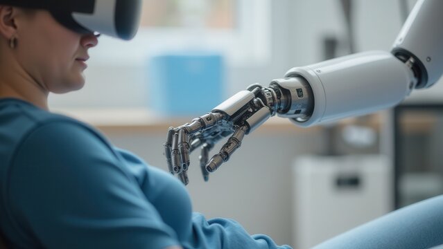 Healthcare Virtual Reality Therapies concept. A person experiences virtual reality assisted by a robotic arm.