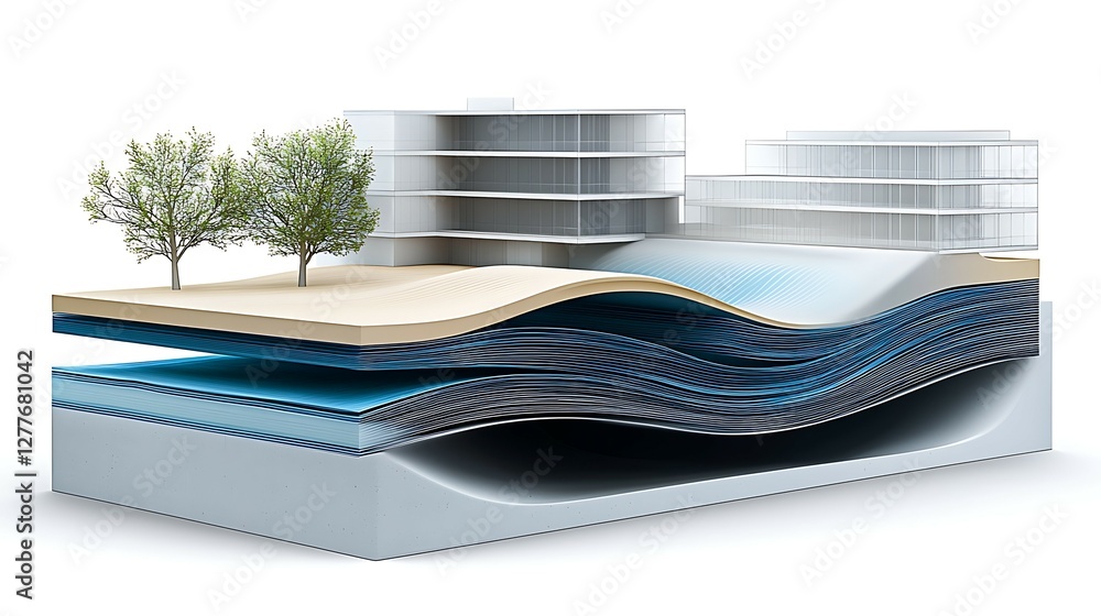 Poster modern architectural model featuring wavy water elements and greenery, showcasing innovative design 