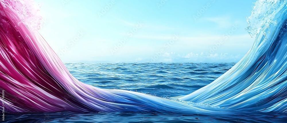 Poster vibrant waves of blue and pink blend together under a bright sky, creating a dynamic and colorful se