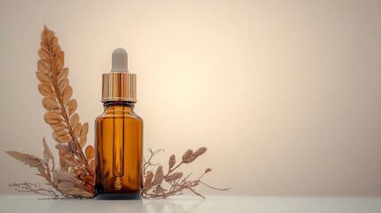Fototapeta premium Amber Glass Dropper Bottle with Dried Flowers Branches