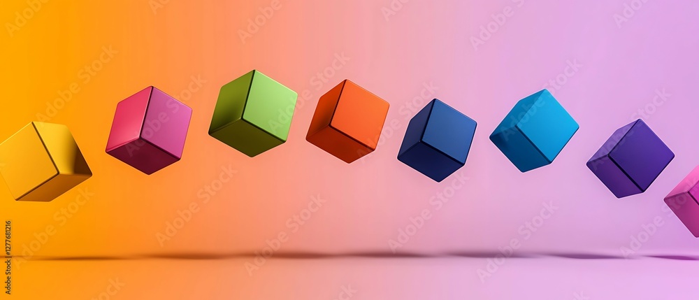 Poster colorful cubes are suspended in mid-air against a vibrant gradient background, showcasing a playful 