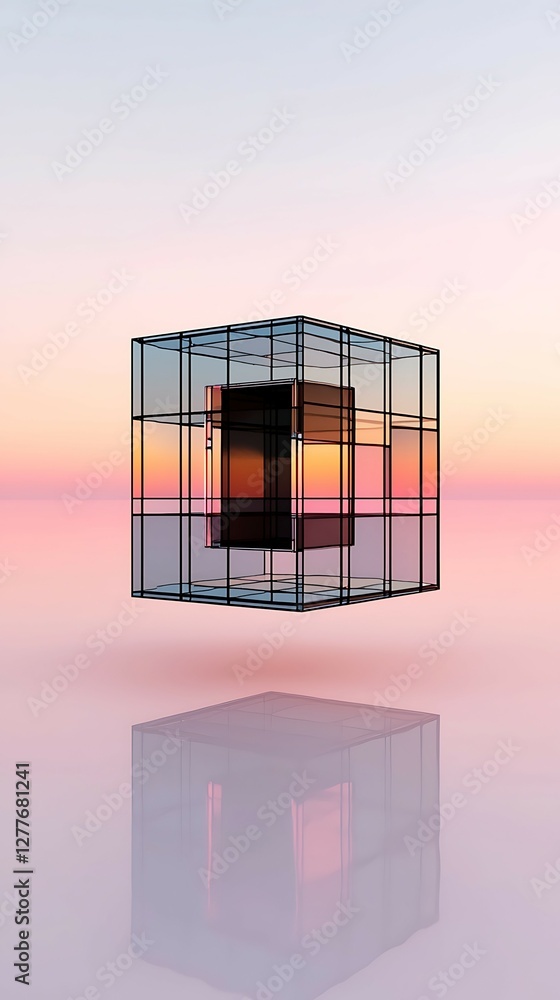 Aufkleber a reflective cube structure set against a serene gradient sunrise background, evoking modernity and 