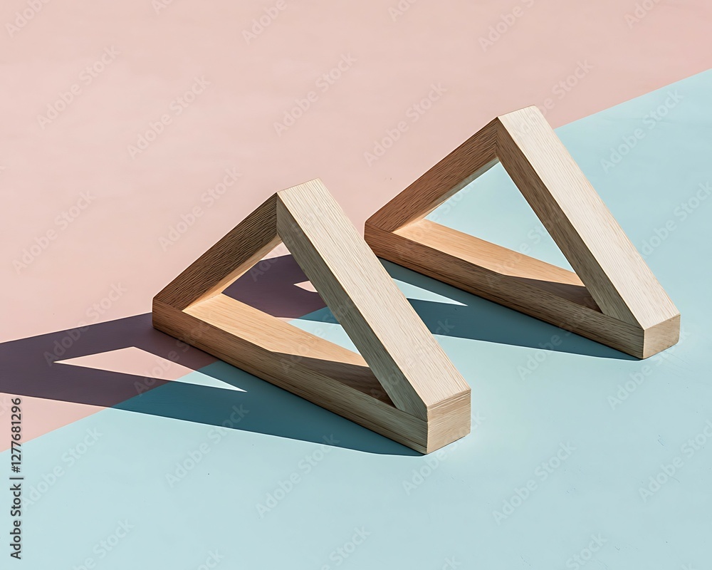 Poster wooden triangular shapes cast shadows on a pastel background, showcasing minimalist design and geome