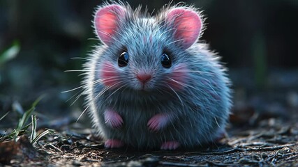 Fluffy gray rodent with pink accents resting on soil in a serene outdoor setting during daylight hours