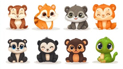 Obraz premium Cute cartoon animals sitting in a row. Various adorable animal characters, including chipmunks, raccoons, and a lizard, with big eyes and happy expressions.