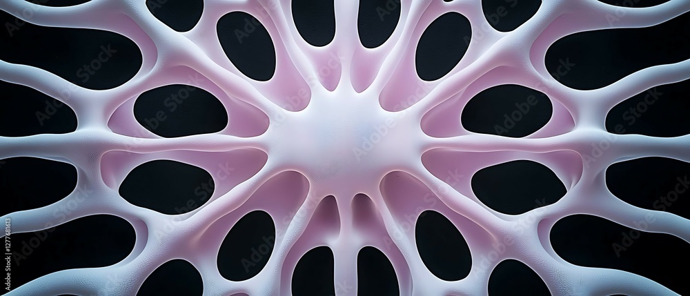 Poster intricate pink and white pattern resembling organic structures, set against a dark background, showc