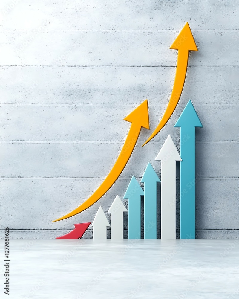 Poster graph illustrating upward trends with colorful arrows on a textured gray background, symbolizing gro