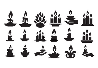 Set of 20 Black Candle Silhouettes with Flames, Hands, and Decorative Candle Holders
