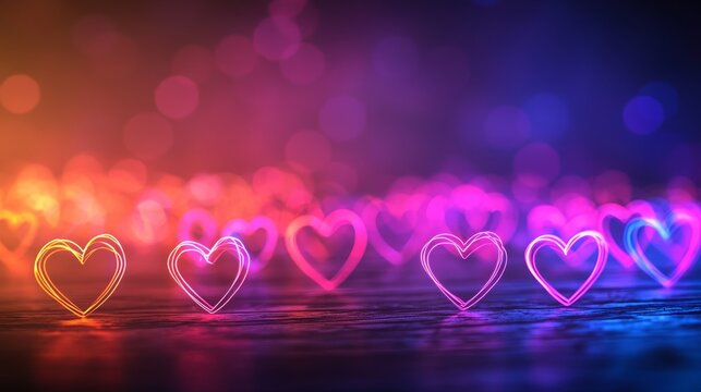 Valentines email banner featuring glowing neon hearts in vibrant pink and purple hues, softly illuminating the top of the newsletter