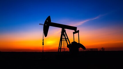 Silhouette of an oil pumpjack against a vibrant twilight sky, symbolizing energy production and the oil industry. Perfect for energy or environmental content