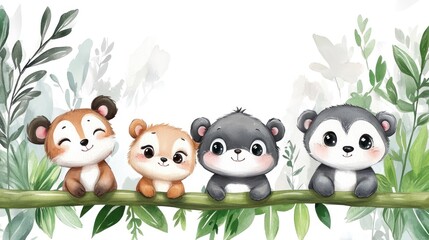 Cute cartoon animals sitting on a branch in a lush forest.