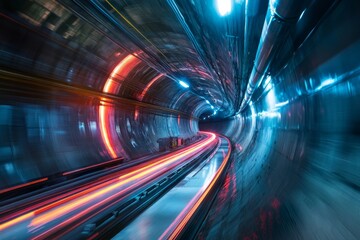 Fototapeta premium Engineers installing fiber optic networks along a hyperloop tunnel, ensuring high-speed internet on future transport systems