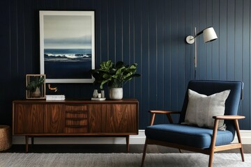 A contemporary mid-century living room featuring a striking blue color palette.