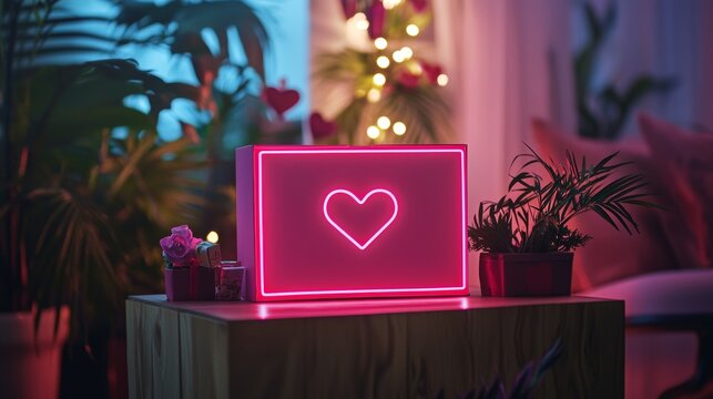Vibrant Valentines gift box featuring glowing neon heart graphics in bright pink and red hues, perfect for a playful twist on classic packaging