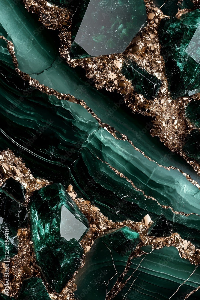 Poster a detailed 3d rendering of a unique emerald and gold marble texture.