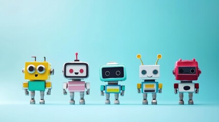 Fototapeta premium Colorful Retro Robots Standing in a Row