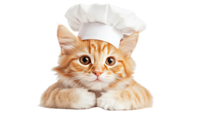 The Culinary Cat: A charming orange tabby cat, adorned with a chef's hat, peers curiously at the viewer, embodying the joy of cooking and culinary creativity.