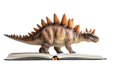 Stegosaurus on a Book: A miniature Stegosaurus model rests atop an open book, creating a playful blend of the prehistoric world and the realm of knowledge, sparking curiosity and imagination.