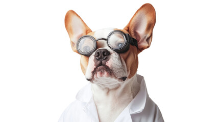 Smart Canine: A charming dog, adorned with glasses and a lab coat, embodies a sense of intelligence and curiosity, gazing directly at the viewer with an air of studious contemplation.