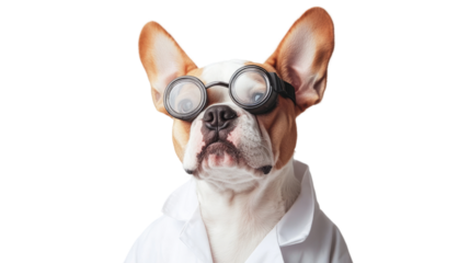 Smart Canine: A charming dog, adorned with glasses and a lab coat, embodies a sense of intelligence and curiosity, gazing directly at the viewer with an air of studious contemplation.